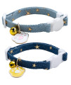 2 Pack Denim Breakaway Cat Collars with Bell Cat Paw Pendant Kitty Kitten Collars Blue Collar for Female Girl Cats Male Boy Cats Star Print