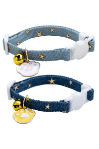 2 Pack Denim Breakaway Cat Collars with Bell Cat Paw Pendant Kitty Kitten Collars Blue Collar for Female Girl Cats Male Boy Cats Star Print