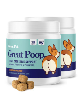 Great Poop Probiotics for Dogs (2 Pack) - A Fiber for Dogs Supplement w/Dog Probiotics and Digestive Enzymes for Healthy Gut, Firm Stool, Diarrhea Relief - 240 Chicken Flavored Soft Chews Prebiotics
