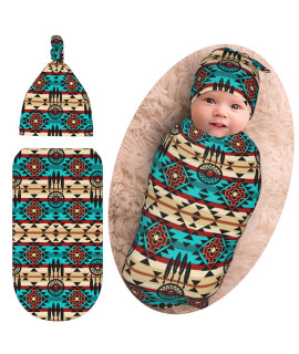 Western Baby Stuff Aztec Navajo Newborn Baby Swaddle Blanket Native American Baby Wrap Sleep Sack Soft Silky with Beanie Hat for Boys girls Infant