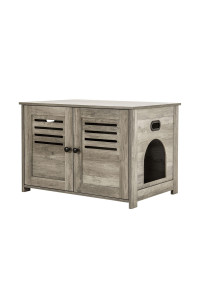 DINZI LVJ Litter Box Enclosure, Cat Litter House with Louvered Doors, Entrance Can Be on Left or Right Side, Spacious Hidden Washroom for Most of Box, Furniture Cabinet, Gray Wash