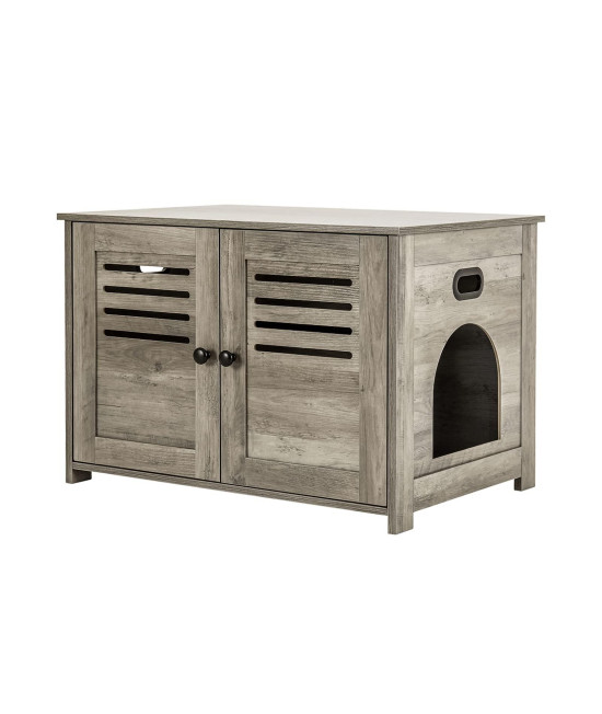 DINZI LVJ Litter Box Enclosure, Cat Litter House with Louvered Doors, Entrance Can Be on Left or Right Side, Spacious Hidden Washroom for Most of Box, Furniture Cabinet, Gray Wash