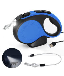 Retractable Dog Leash with Rechargeable LED Light for Night Walks,16FT Dog Walking Leash with Chew Proof Cable, for Dog ups to 66lbs(Black Blue) (Blue)