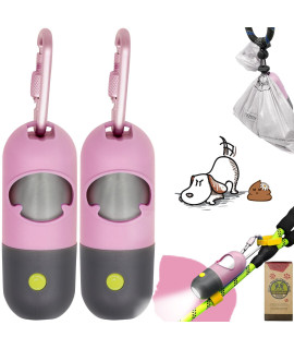 Dog Poop Waste Bags Holder with LED FlashlightCute Doggie Poo Bags Dispenser for Pet LeashTrash Waste Bags Carrier with Potty Bags Clip Fastener LR44 Button Cells Included(2 Pack) (Pink)
