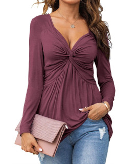 Tankaneo Women V-Neck Front Knotted Blouse Shirt Long Sleeve Elegant casual T-Shirt Solid color Pullover Tops