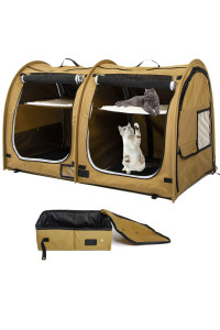 porayhut Mispace Portable Twin Compartment Show House Cat Cage/Condo - Easy to Fold & Carry Kennel - Comfy Puppy Home & Dog Travel Crate with Portable Carry Bag/Hammocks/Mats and Litter Box