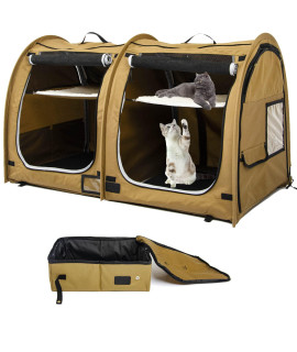 porayhut Mispace Portable Twin Compartment Show House Cat Cage/Condo - Easy to Fold & Carry Kennel - Comfy Puppy Home & Dog Travel Crate with Portable Carry Bag/Hammocks/Mats and Litter Box