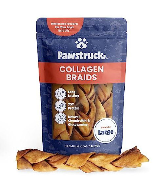 Pawstruck Natural Large 10-13 Beef Collagen Braids for Dogs - Healthy Long Lasting Alternative to Traditional Rawhide & Bully Sticks - Low Fat Dental Treats w/Chondroitin & Glucosamine - 3 Count