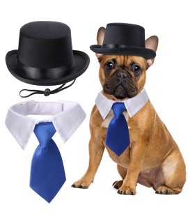 Yewong 2 Pieces Pet Formal Accessories Set - Pet Top Hat with Pet Formal Necktie/Bowtie Birthday Party Gradation Halloween Costumes Accessories for Dog Cat (Blue Necktie Collar) One Size