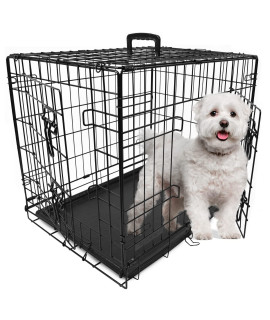 Dog Puppy cage Folding 2 Door crate with Plastic Tray Small 24-inch Black
