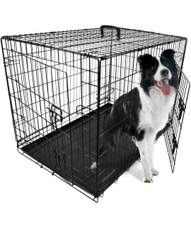 Dog Puppy cage Folding 2 Door crate with Plastic Tray Large 36-inch Black