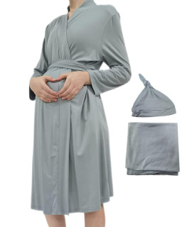 Maternity Robes and Matching Swaddle Blanket Set, Women Mommy Postpartum Robe Hospital Labor and Delivery gown