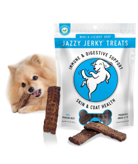 Jazzy Jerky Treats, Wag-A-Licious Beef with Prebiotics for Gut & Immune Health, Omega 3s & 6s for Skin & Coat Health, Made in USA, Small-Large Dogs,10 oz