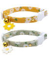 2 Pack Cotton Breakaway Cat Collars with Bell Flower Pendant Kitty Kitten Collars Yellow Green Collar for Female Girl Cats Male Boy Cats