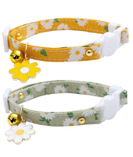 2 Pack Cotton Breakaway Cat Collars with Bell Flower Pendant Kitty Kitten Collars Yellow Green Collar for Female Girl Cats Male Boy Cats