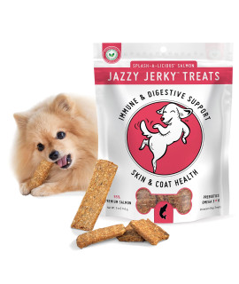 HappyTails Canine Wellness Jazzy Jerky Treats Splash-A-Licious Salmon with Prebiotics for Gut & Immune Health, Omega 3s & 6s for Skin & Coat Health, Made in The USA, Small-Large Dogs, 5 oz