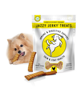 HappyTails Canine Wellness Jazzy Jerky Treats, Cluck-A-Licious Chicken with Prebiotics for Gut & Immune Health, Omega 3s & 6s for Skin & Coat Health, Made in The USA, 10 oz