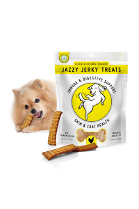 HappyTails Canine Wellness Jazzy Jerky Treats, Cluck-A-Licious Chicken with Prebiotics for Gut & Immune Health, Omega 3s & 6s for Skin & Coat Health, Made in The USA, Small-Large Dogs, 5 oz