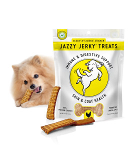 HappyTails Canine Wellness Jazzy Jerky Treats, Cluck-A-Licious Chicken with Prebiotics for Gut & Immune Health, Omega 3s & 6s for Skin & Coat Health, Made in The USA, Small-Large Dogs, 5 oz