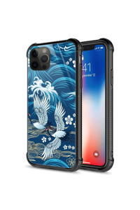 iPhone 11 Pro case, Oriental crane Sea Wave iPhone 11 Pro cases, Tempered glass Back+Soft Silicone TPU Shock Protective case for Apple iPhone 11 Pro