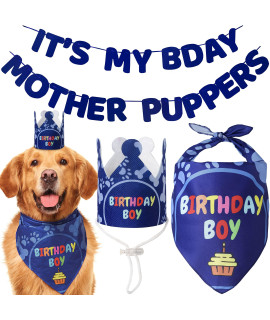 Odi Style Dog Birthday Party Supplies - Dog Birthday Bandana Set - Birthday Boy Bandana for Medium, Large Dogs, Party Hat, Crown and Cute Dog Birthday Banner with It's My Birthday Mother Puppers Sign