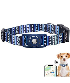 Konity AirTag Dog Collar, Compatible with Apple 2021, Polyester Pet Cat Puppy Collar Silicone Holder for Small, Medium, Large, and Extra Large Dogs, Bohemia Navy, S: 9.8'-15.7' Neck