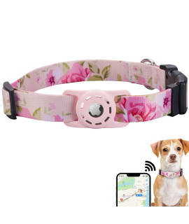 Konity AirTag Dog Collar, Compatible with Apple AirTag 2021, Polyester Pet Cat Puppy Collar with Silicone AirTag Holder for Small, Medium, Large, & Extra Large Dogs, Pink Rose, S: 9.8''-15.7'' Neck