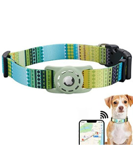 Konity AirTag Dog Collar, Compatible with Apple 2021, Polyester Pet Cat Puppy Collar Silicone Holder for Small, Medium, Large, and Extra Large Dogs, Bohemia Green, S: 9.8'-15.7' Neck