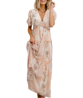Amegoya Womens Beach Maxi Dress Summer Short Sleeve Lace Ruffle V Neck Long Dress Floral Print A Line Dress(M Pink)