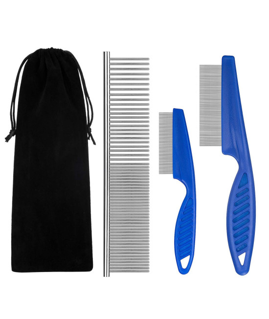 BENSEAO Flea Comb for Cats Dog Comb Lice Comb Metal Teeth Durable Tear Stain Dog Combs Remove Float Hair Combing Tangled Hair Dandruff Pet Comb Grooming Set 3 Pieces Add Storage Pouch (blue green)