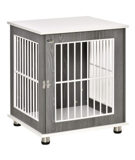 PawHut Wooden Dog Kennel, Furniture End Table with Lockable Door, Small Size Pet Crate Indoor Animal Cage, Grey