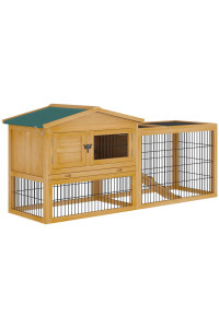 PawHut 2 Levels Outdoor Rabbit Hutch with Openable Top, 59 Wooden Large Rabbit Cage with Run Weatherproof Roof, Removable Tray, Ramp, Yellow