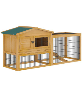 PawHut 2 Levels Outdoor Rabbit Hutch with Openable Top, 59 Wooden Large Rabbit Cage with Run Weatherproof Roof, Removable Tray, Ramp, Yellow