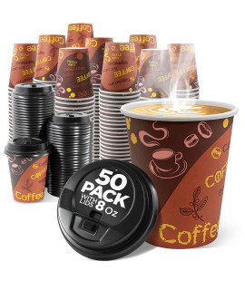 Disposable coffee cups with Lids 8 oz (50 Pack) - To go Paper coffee cups for Hot cold Beverages, coffee, Tea, Hot chocolate, Water, Juice - Eco Friendly cups