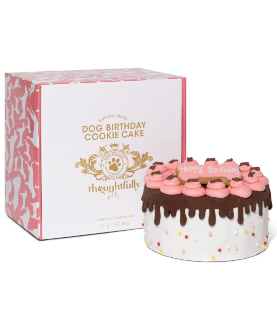 Thoughtfully Pets, Girl Dog Birthday Cookie Cake, Ginger Flavored Happy Cake for Dogs is a Pink 6 Inch Round Solid Biscuit Decorated as with Frosting and Sprinkles