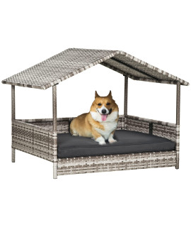 PawHut Wicker Dog House Elevated Raised Rattan Bed for Indoor/Outdoor with Removable Cushion Lounge, Charcoal Grey
