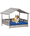 PawHut Wicker Dog House Elevated Raised Rattan Bed for Indoor/Outdoor with Removable Cushion Lounge, Dark Blue