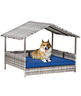 PawHut Wicker Dog House Elevated Raised Rattan Bed for Indoor/Outdoor with Removable Cushion Lounge, Dark Blue