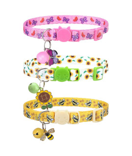 VKPETFR Breakaway Cat Collars with Bell & Cute Pendants - 3 Pack Adjustable Safety Kitten Collars - Summer Decoration for Girl Boy Cats Puppy and Small Pets