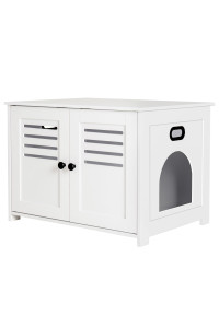 DINZI LVJ Litter Box Enclosure, Cat Litter House with Louvered Doors, Entrance Can Be on Left or Right, Large Hidden Cat Washroom for Most of Litter Box, Cat Furniture Cabinet, White