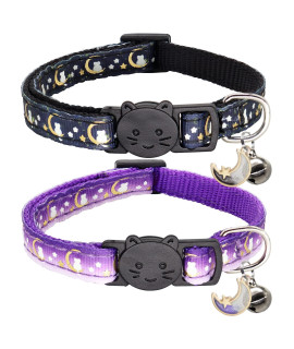 Giecooh 2 Pack Breakaway Cat Collar with Bells,Adjustable Moon and Star Kitten Safety Collars for Boys & Girls,Black+Purple