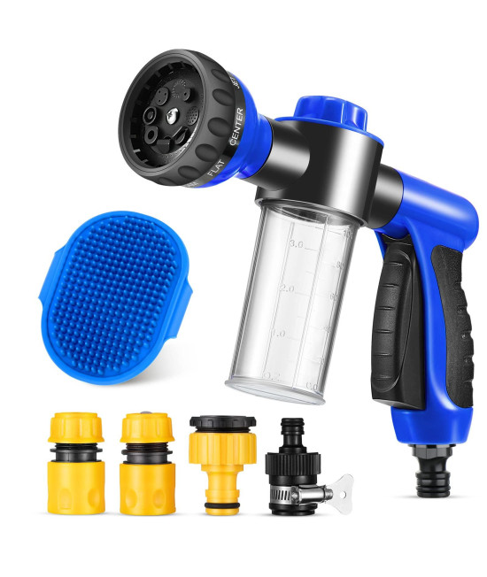 6 Pieces Pet Bathing Tool Set Includes Pup Jet Hose Nozzle Soap Dispenser with Connectors and Dog Rubber Comb Brush, Dog Bathing Sprayer Bottle Wash Foam Sprayer (Blue, 9.45 x 6.3 x 2.48 Inch)
