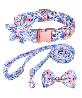 Girl Dog Collar and Leash Sets with Bow Tie, Dog Collar with Detachable Flower with Dog Tag Strong Gold Buckle for Small Medium Large Dogs