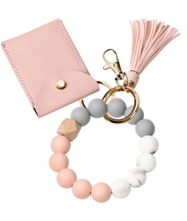UpUDo Keychain Bracelet Wristlet, Silicone Beaded Key Ring Bracelet with card Wallet, Elastic Keyring Bangle for Womens