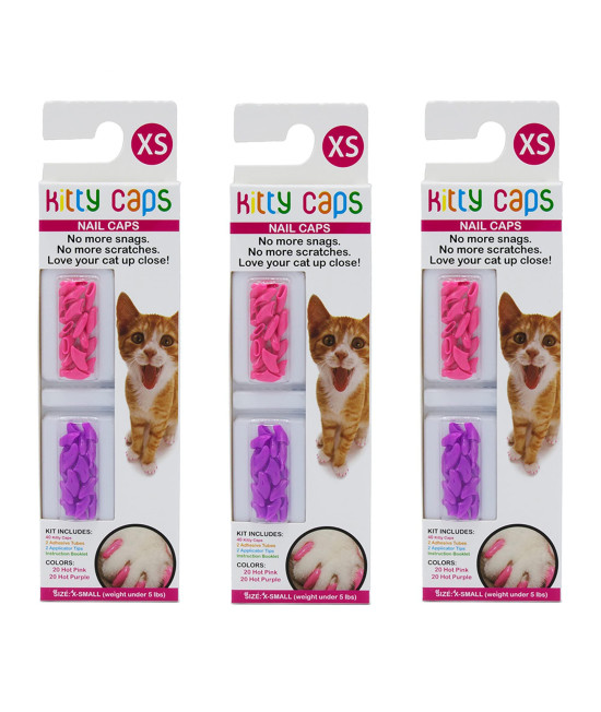 Kitty Caps Nail Caps for Cats Hot Purple & Hot Pink, 40 Count, X-Small - 3 Pack Safe, Stylish & Humane Alternative to Declawing Covers Cat Claws, Stops Snags and Scratches FF9315PCS3 (Under 5 lbs)
