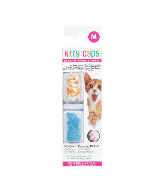 Kitty Caps Nail Caps for Cats White/Orange and Clear/Blue Glitter, 40 Count, 3 Pack Safe, Stylish & Humane Alternative to Declawing Stops Snags and Scratches FF9308PCS3 Medium (9-13 lbs)