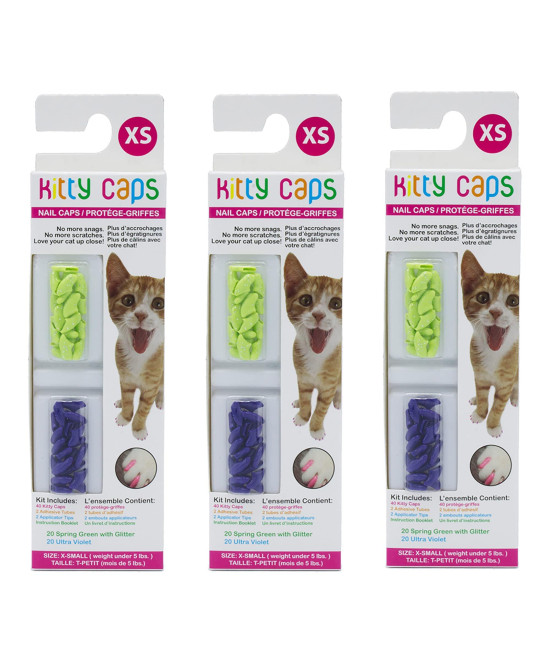 Kitty Caps Nail Caps for Cats Spring Green with Glitter & Ultra Violet, 40 Count, 3 Pack Safe, Stylish & Humane Alternative to Declawing Stops Snags and Scratches FF9304PCS3 X-Small (Under 5 lbs)