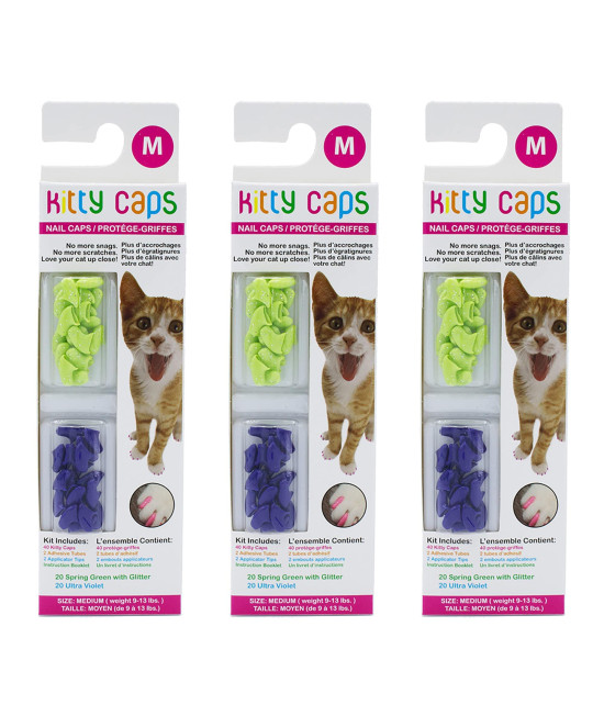 Kitty Caps Nail Caps for Cats Spring Green with Glitter & Ultra Violet, 40 Count - 3 Pack Safe Stops Snags and Scratches, Medium (9-13 lbs), (FF9310PCS3)