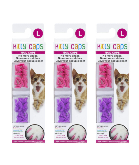 Kitty Caps Nail Caps for Cats | Hot Purple & Hot Pink, 40 Count, Large - 3 Pack | Safe, Stylish & Humane Alternative to Declawing | Covers Cat Claws, Stops Snags and Scratches