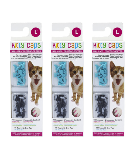 Kitty caps Nail caps for cats Black with gray Tips Baby Blue, 40 count - 3 Pack Safe, Stylish Humane Alternative to Declawing Stops Snags and Scratches FF9325PcS3 Large (13 lbs or greater)